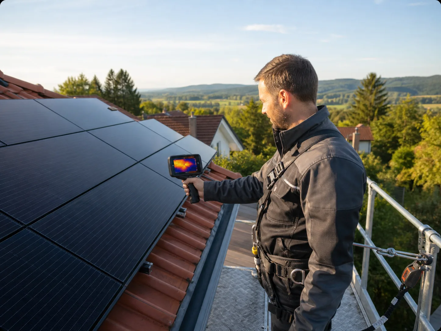 Ein Mitarbeiter prüft Photovoltaikmodule auf einem Hausdach mit einer Wärmebildkamera.