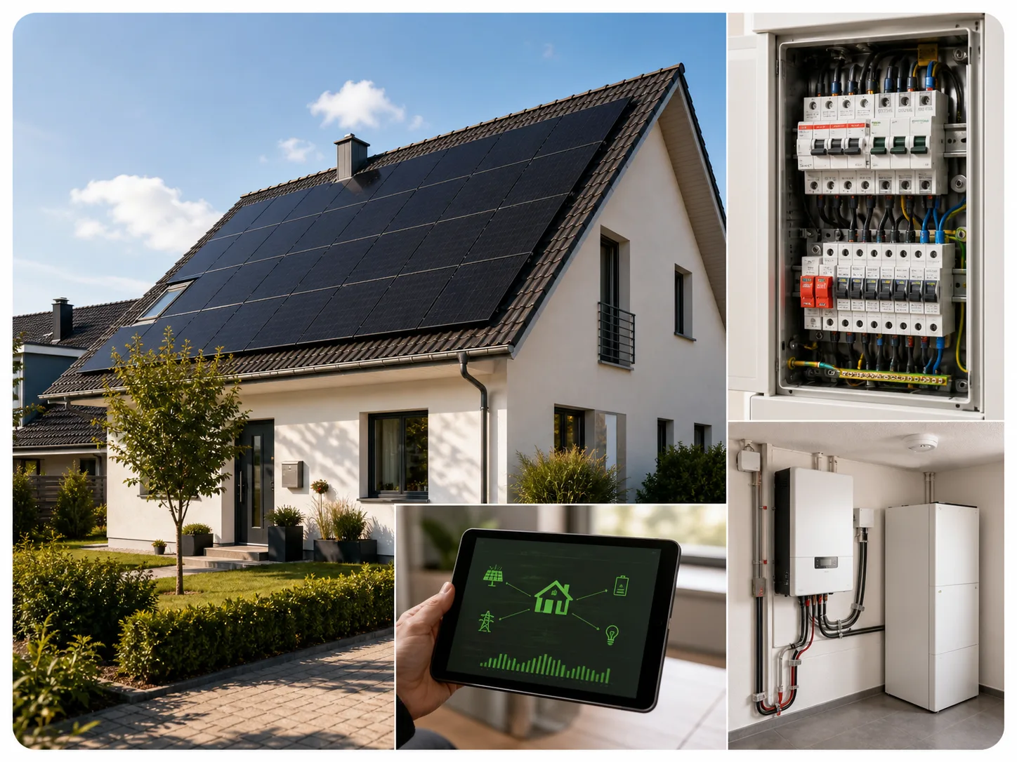 Photovoltaikanlage auf einem Einfamilienhaus sowie Detailaufnahmen von Schaltschrank, Stromspeicher und Energiemanagement per Tablet.