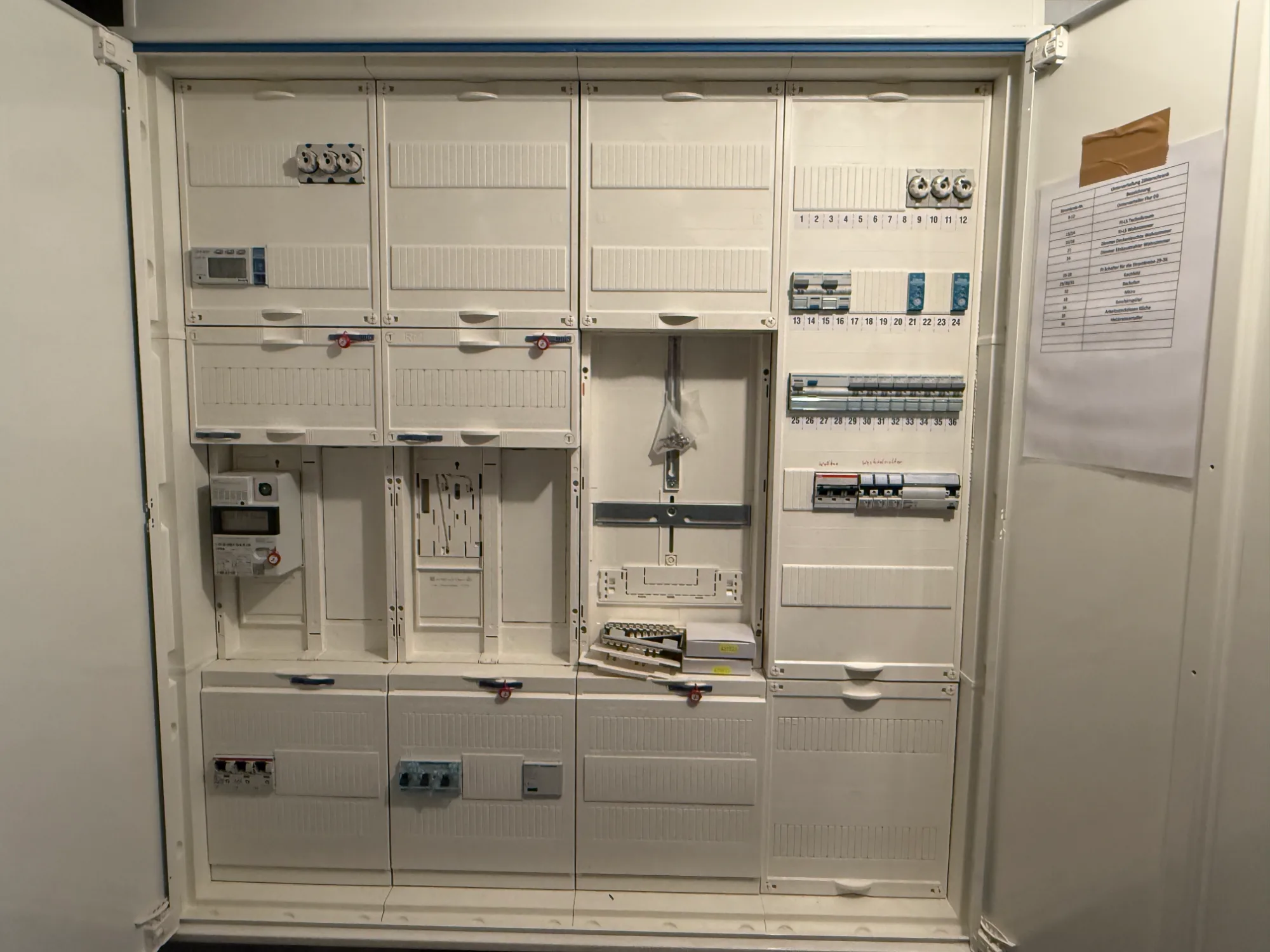 Geöffneter Zählerschrank mit Stromzähler, Sicherungen und Verkabelung
