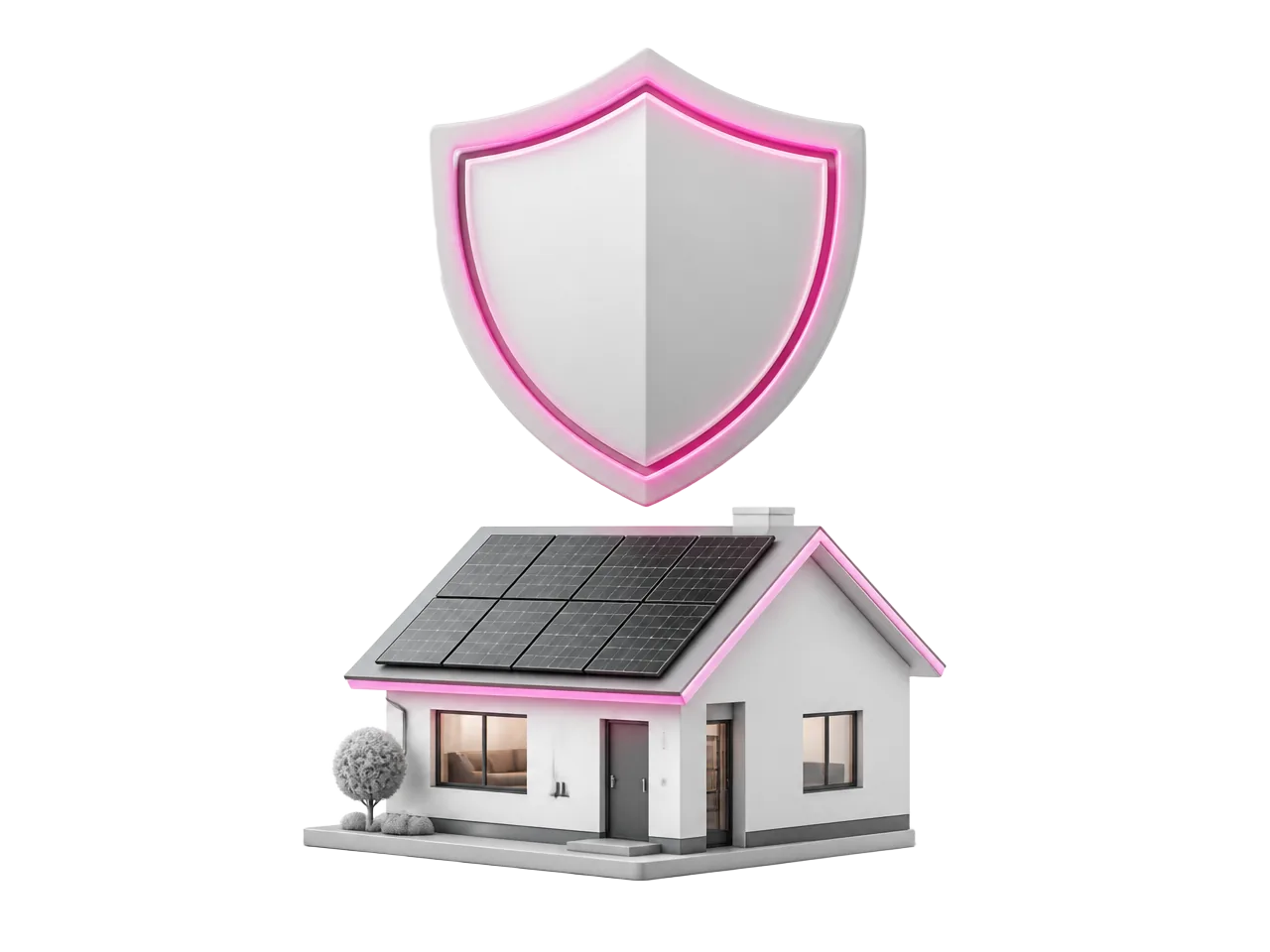 Illustration eines Schutzschilds über einem Haus mit Photovoltaikanlage